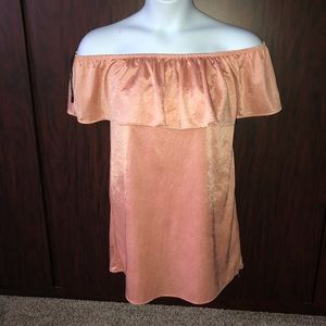 Pink satin off the shoulder dress